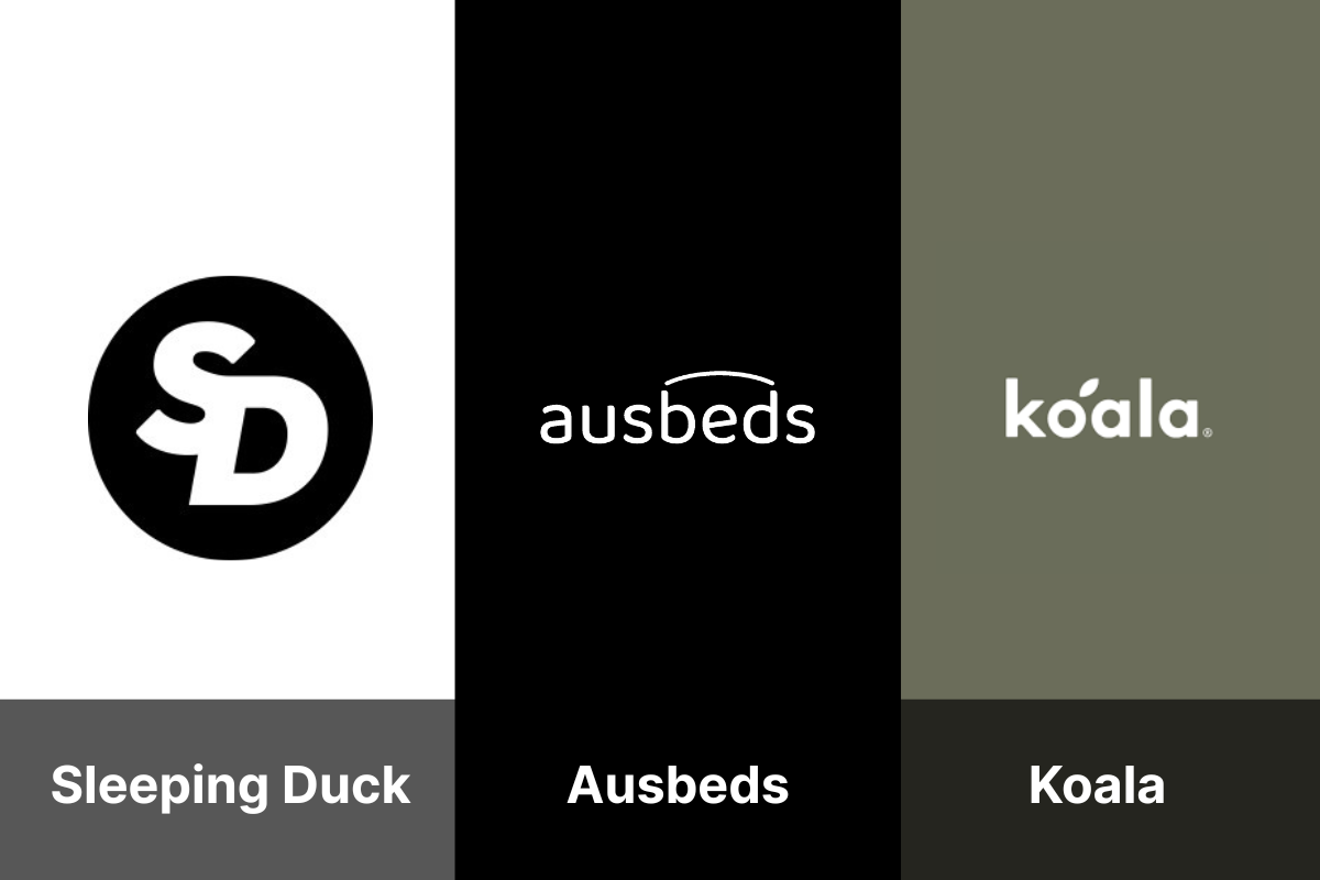 Logos of mattress brands Sleeping Duck, Ausbeds and Koala shown side by side to connote comparison