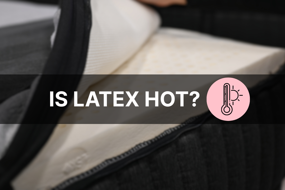 Close-up photo of a latex mattress layer with its cover partially unzipped, revealing the breathable latex foam texture. A translucent black overlay displays the text “Is Latex Hot?” in bold white letters, with a pink circular icon showing a thermometer and sun symbol.