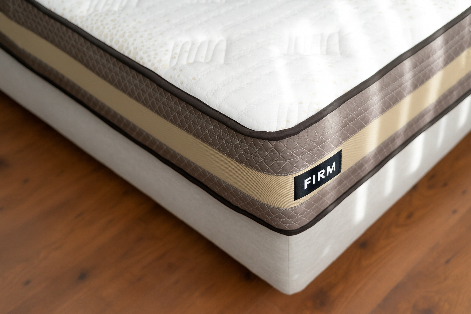 Close-up photo of a mattress corner showing detailed quilting and layered side panels in beige and brown tones. A small black fabric label with white text reading “FIRM” is attached to the mattress border, indicating its firmness level. 