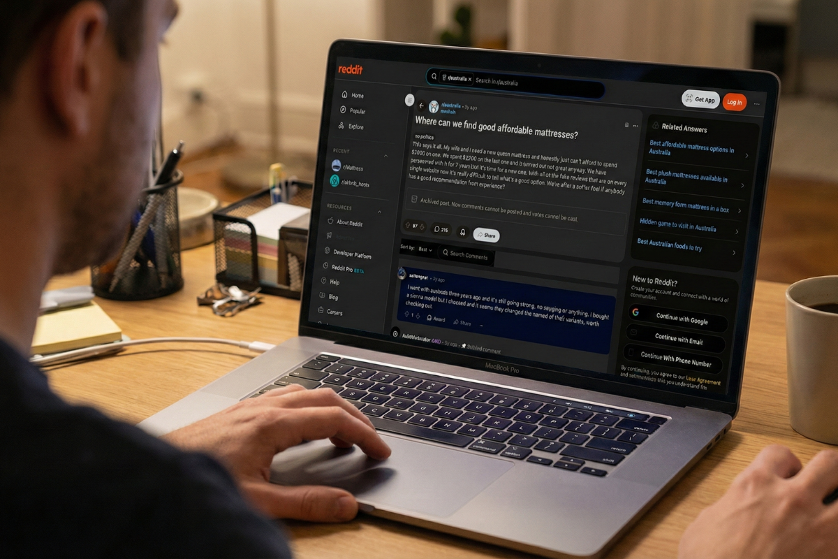 a photo of a Redditor's laptop screen showing a Reddit thread "good affordable mattress" mentioning Ausbeds