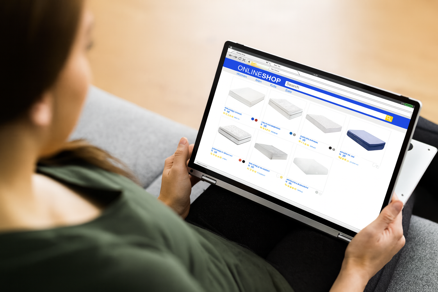 A woman sitting on a sofa holding a tablet, browsing an online store that displays various mattresses with firmness options, prices, and thumbnails of different mattress types.
