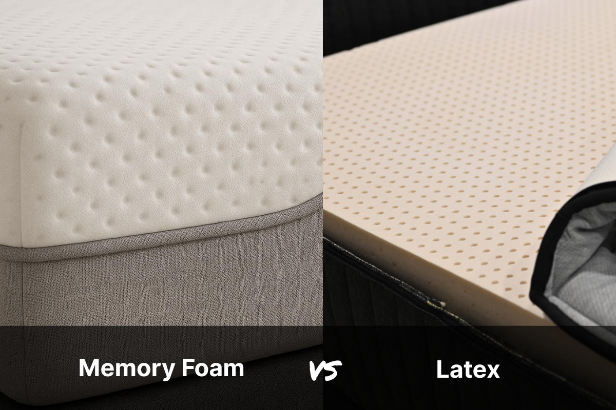 A side-by-side comparison of two foam types: the left shows thick memory foam, while the right shows a stack of cream-colored latex foam with visible pin-core ventilation holes.