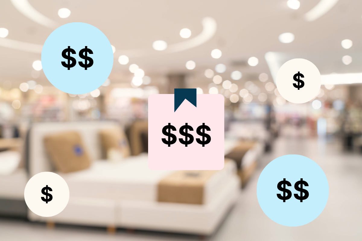 A blurred mattress showroom background with floating pastel price icons ($, $$, $$$) representing different mattress price tiers.